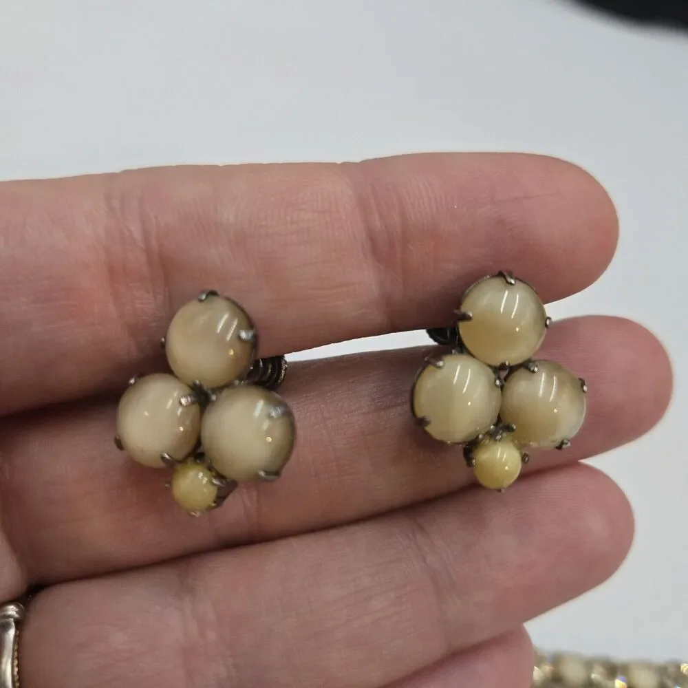 Vintage Moonglow Glass Bracelet And Screwback Earrings Champagne Color 1950s
